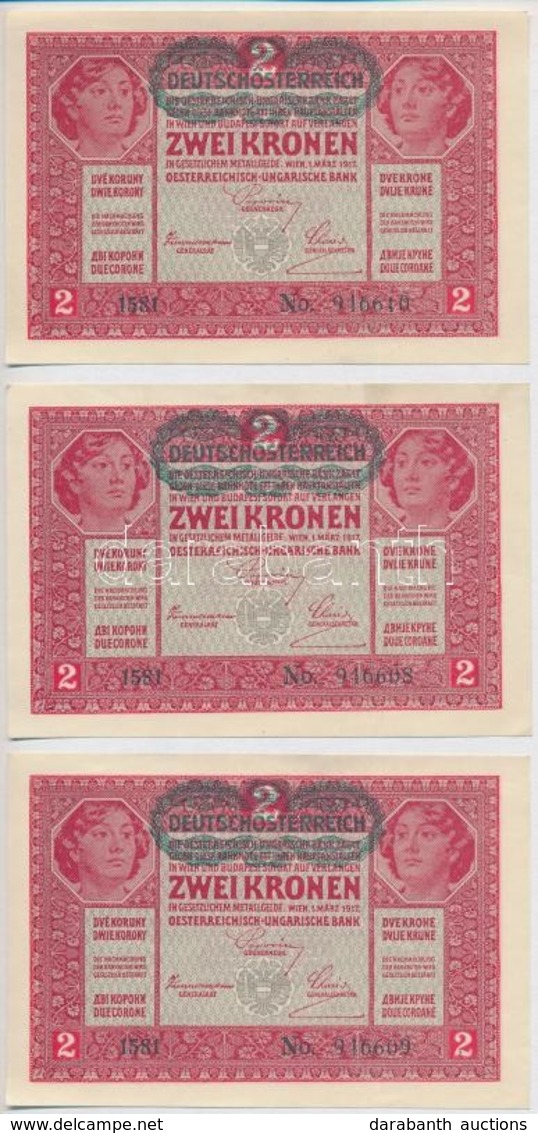 1917. 2K (3x) Sorszámkövetők, Mindhárom 'Deutschösterreich' Felülbélyegzéssel T:I,I- - Ohne Zuordnung
