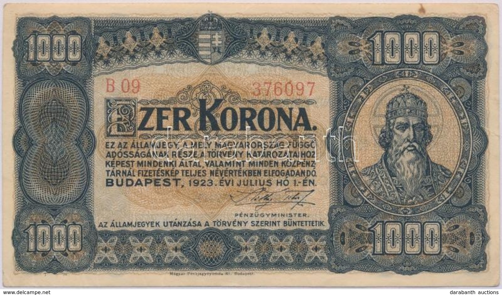 1923. 1000K 'Magyar Pénzjegynyomda R.t. Budapest' Nyomdahely Jelöléssel T:III - Ohne Zuordnung