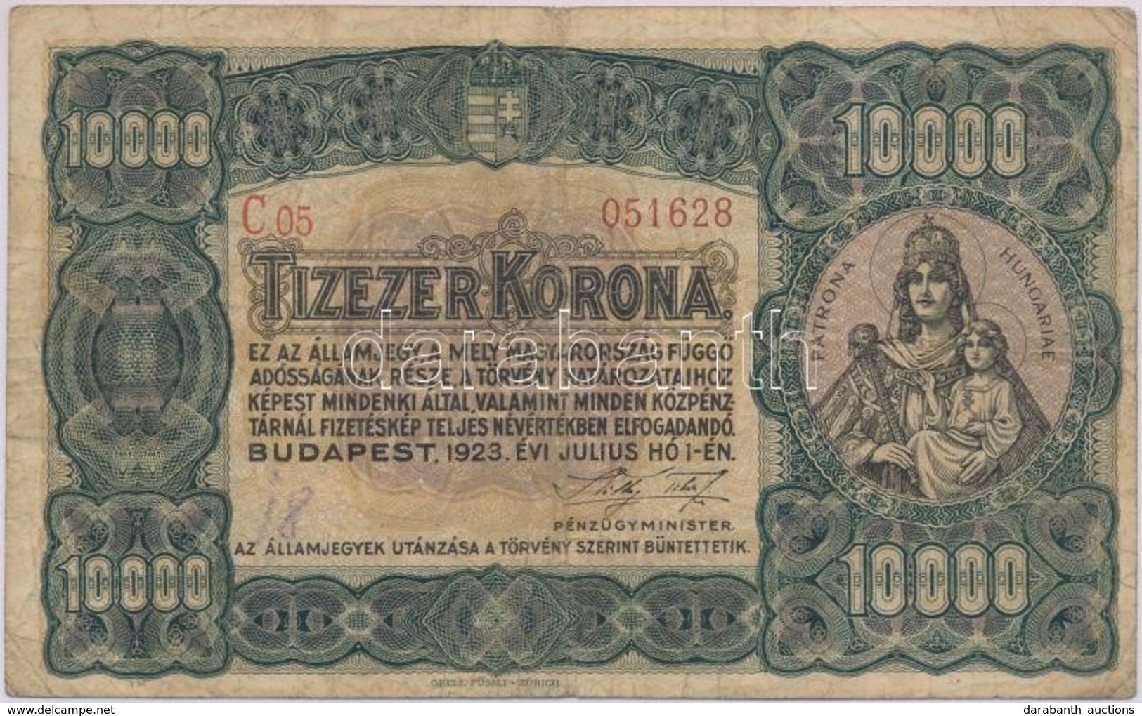 1923. 10.000K 'Orell Füssli Zürich' Piros Sorozat- és Sorszám T:III,III-
Adamo K42/1 - Non Classés