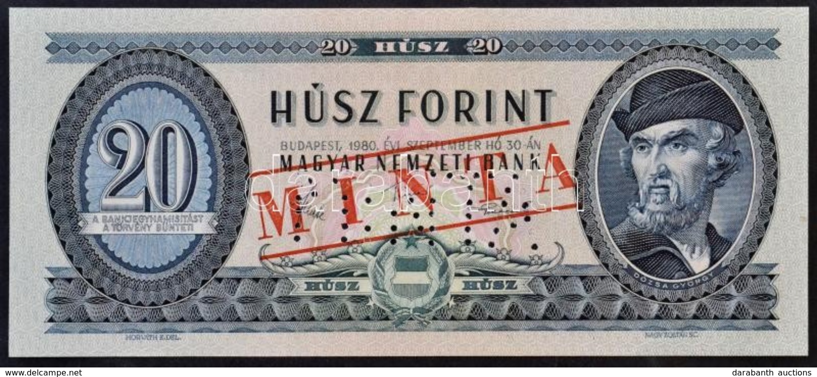 1980. 20Ft Piros 'MINTA' Felülnyomással és Perforációval,'C000 000726' Sorszámmal T:I
Hungary 1980. 20 Forint With 'MINT - Non Classificati