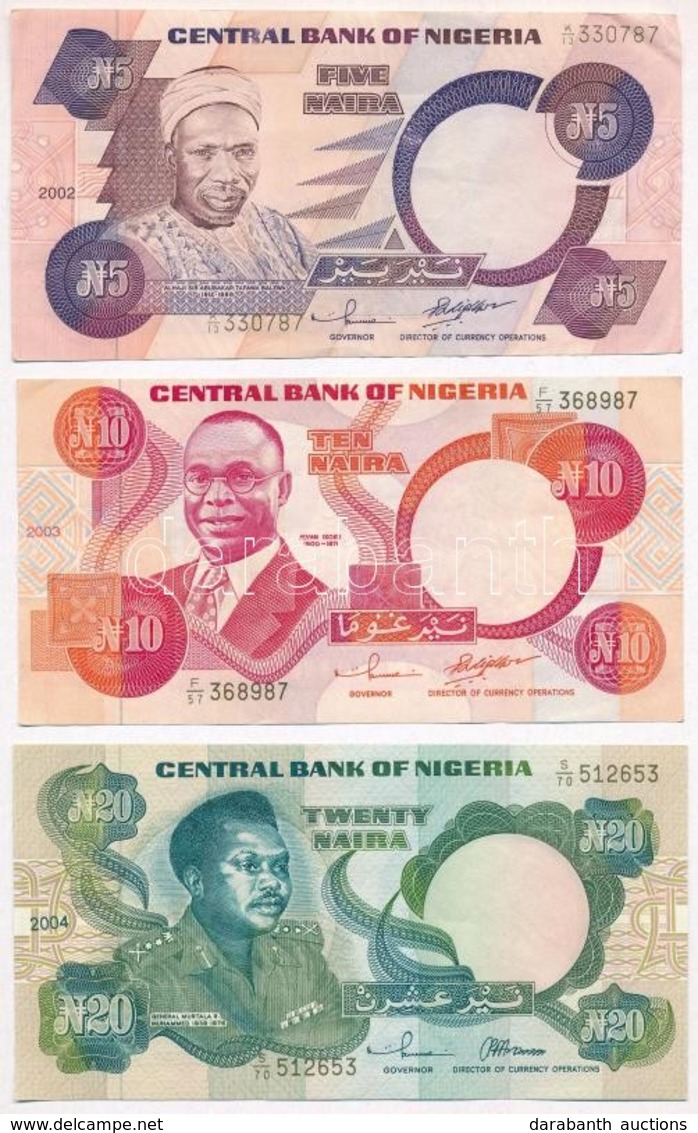 Nigéria 2002. 5N + 2003. 10N + 2004. 20N T:I--III
Nigeria 2002. 5 Naira + 2003. 10 Naira + 2004. 20 Naira C:AU-F - Unclassified