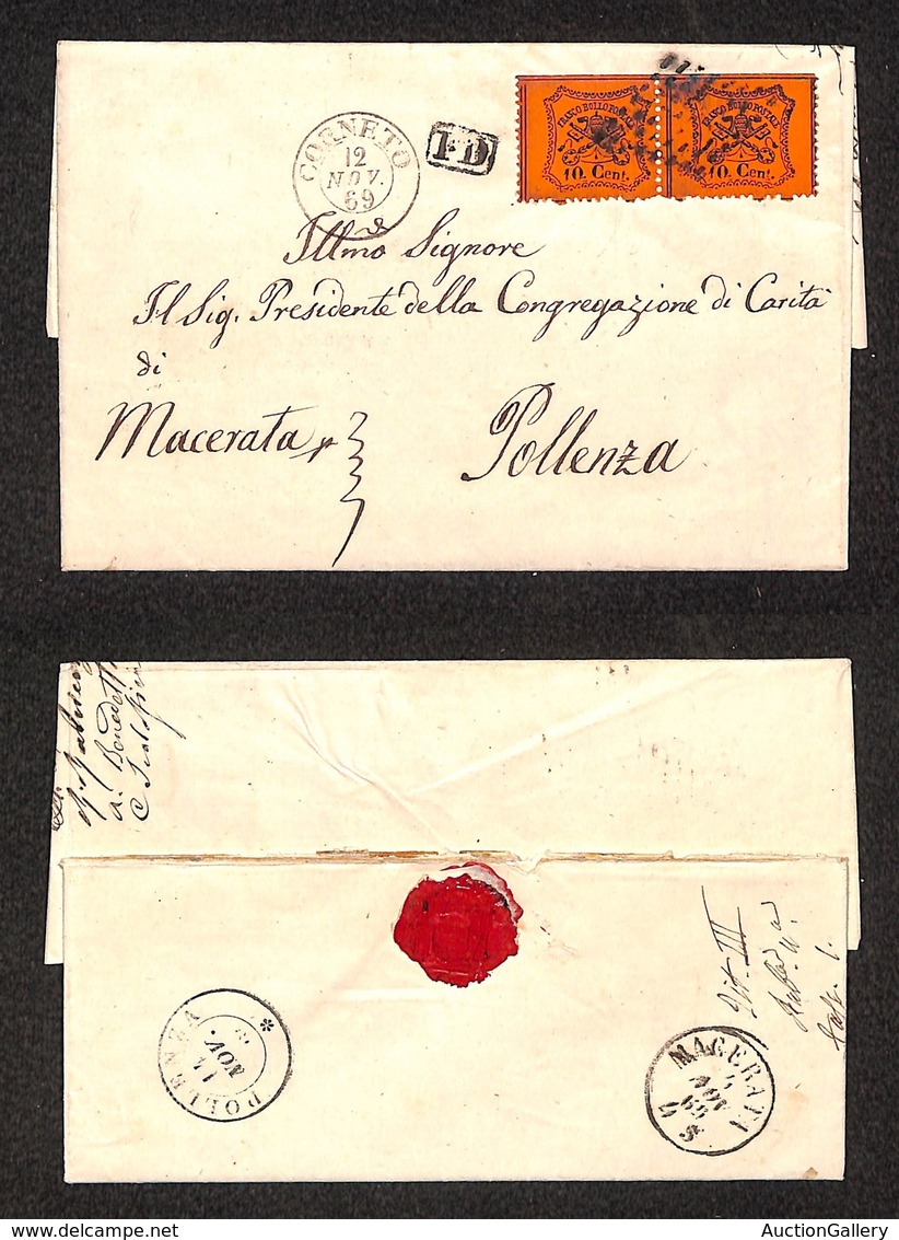 ANTICHI STATI - PONTIFICIO - 10 Cent (26c) - Coppia Orizzontale Su Lettera Da Corneto (P.ti 5) A Pollenza Del 12.11.69 - Other & Unclassified