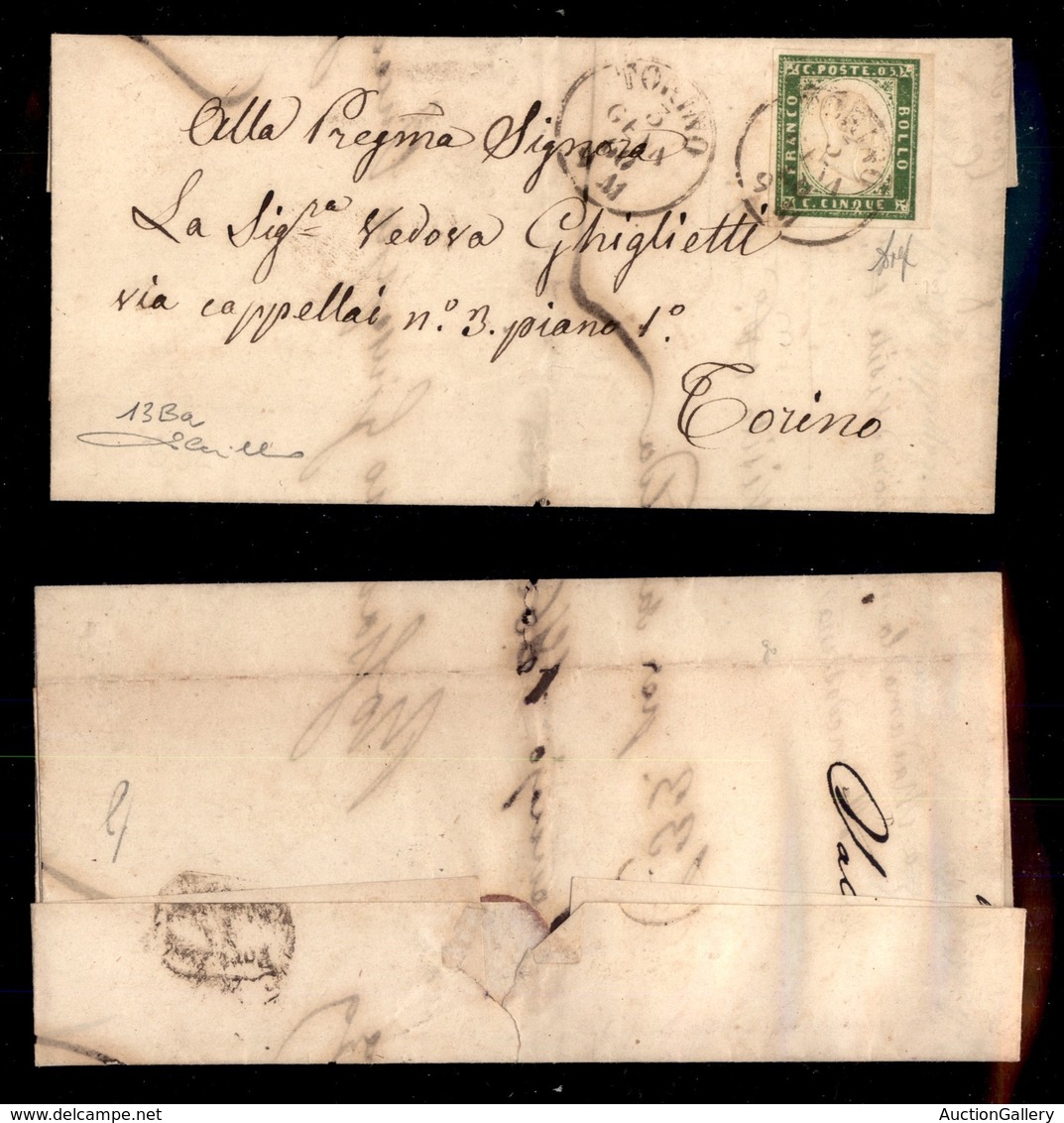 ANTICHI STATI - SARDEGNA - 5 Cent (13Ba) Isolato Su Letterina Per Città - Torino 3.1.60 - Cert. Wolf + Cert. Cardillo - Autres & Non Classés