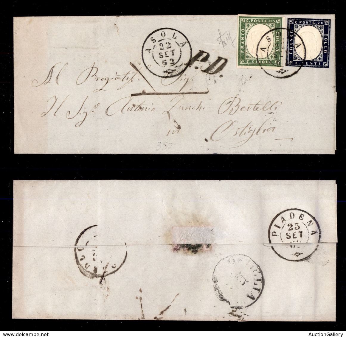 ANTICHI STATI - SARDEGNA - 5 Cent (13Da) + 20 Cent (15E) Ritagliato Nel Disegno - Letterina Da Asola A Ostiglia Del 22.9 - Sonstige & Ohne Zuordnung