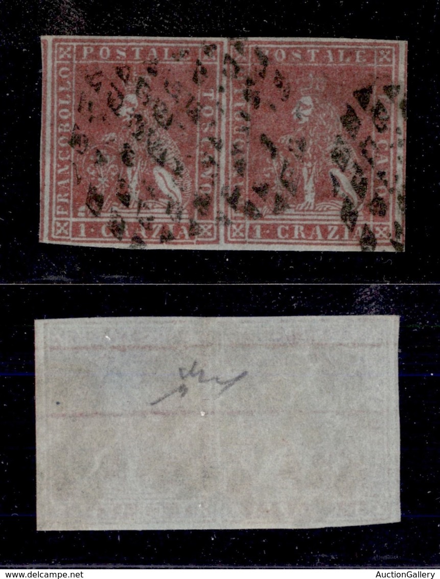 ANTICHI STATI - TOSCANA - 1851 - 1 Crazia (5c-carta Azzurra) - Coppia Orizzontale Usata - Molto Bella - Cert. Chiavarell - Sonstige & Ohne Zuordnung