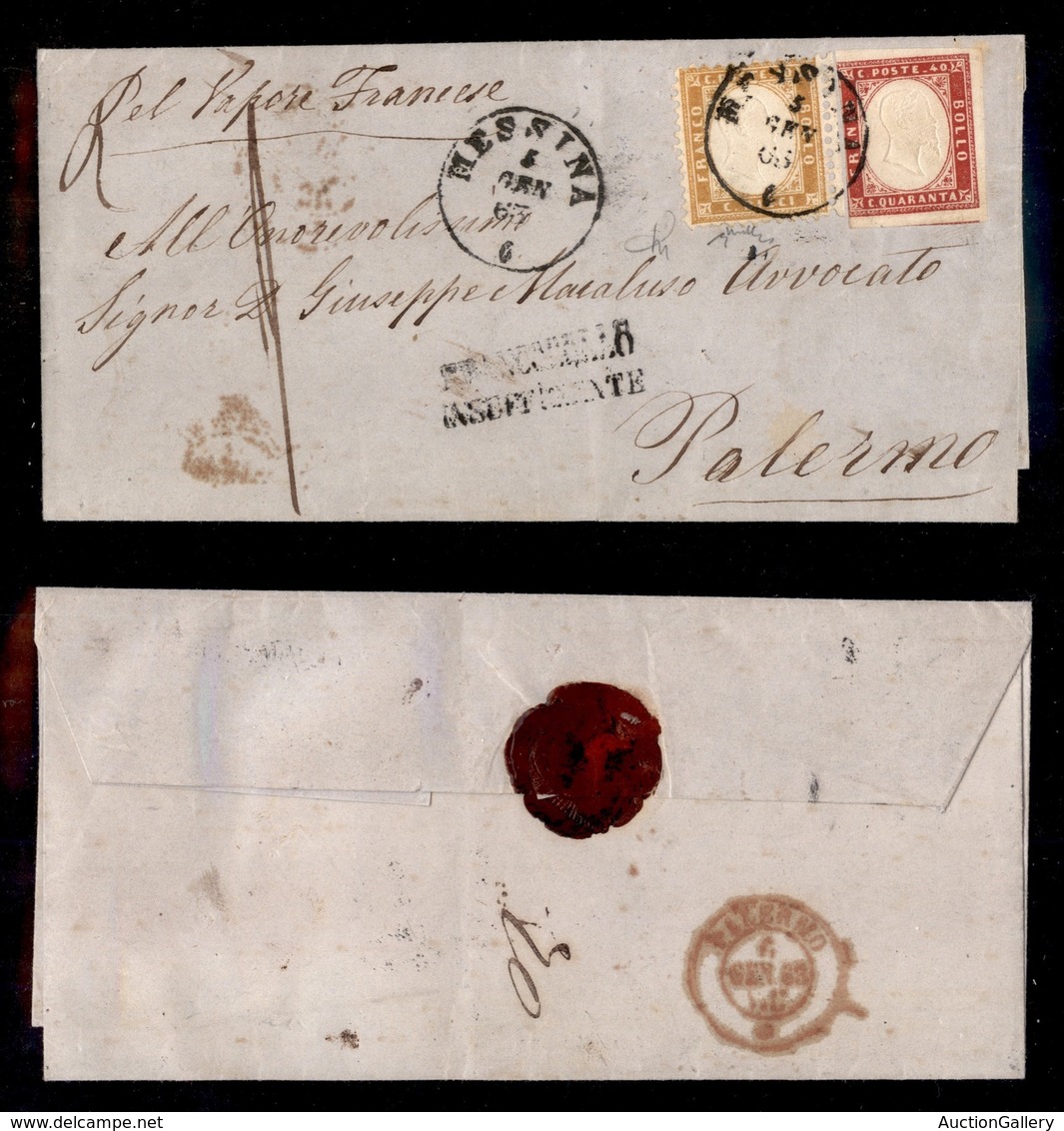 REGNO D'ITALIA - 10 Cent (1) + 40 Cent (16E-Sardegna) Corto A Sinistra - Lettera Da Messina A Palermo (doppio Cerchio Ro - Andere & Zonder Classificatie