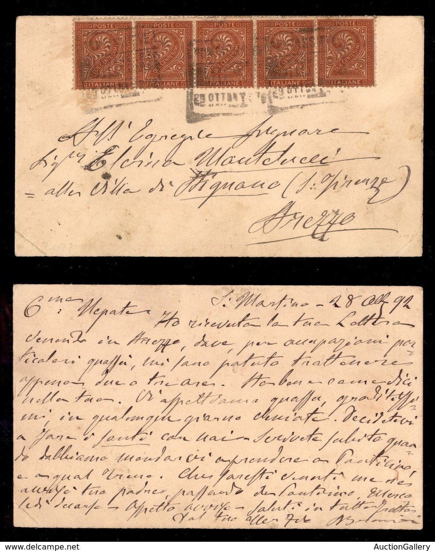 REGNO D'ITALIA - Pontassieve/Messaggere Collettore - 2 Cent (15) - Striscia Di Cinque Su Cartolina Da S.Martino Del 28.1 - Sonstige & Ohne Zuordnung