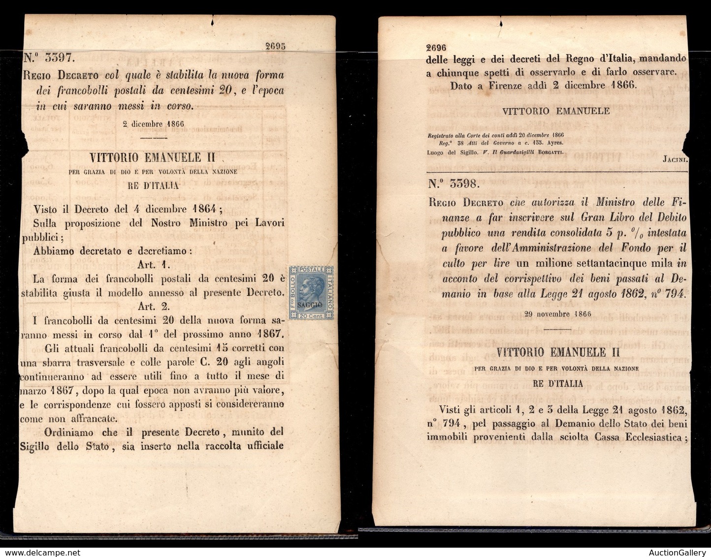 REGNO D'ITALIA - Firenze 2 Dicembre 1866 - R. Decreto 3397 Con Il Saggio Da 20 Cent (26) - Sonstige & Ohne Zuordnung