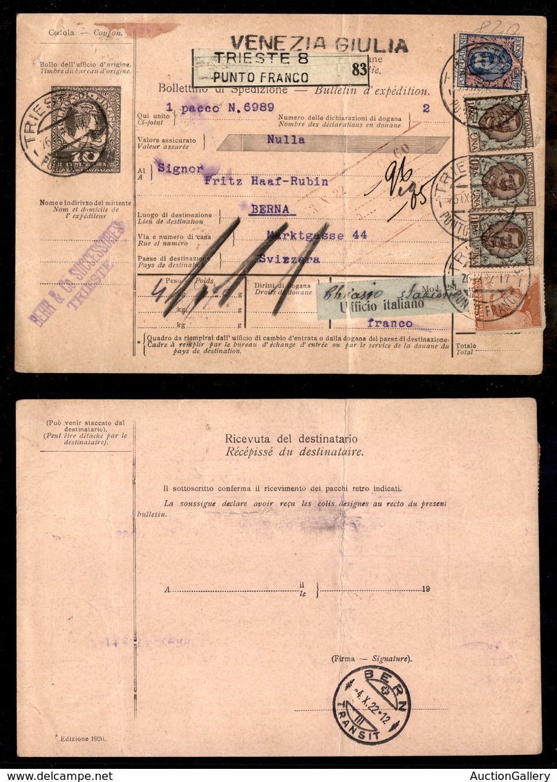 REGNO D'ITALIA - 5 Lire Floreale (78) + Complementari (77 Tre+109) - Bollettino Pacchi Da Trieste A Berna Del 26.9.22 -  - Autres & Non Classés