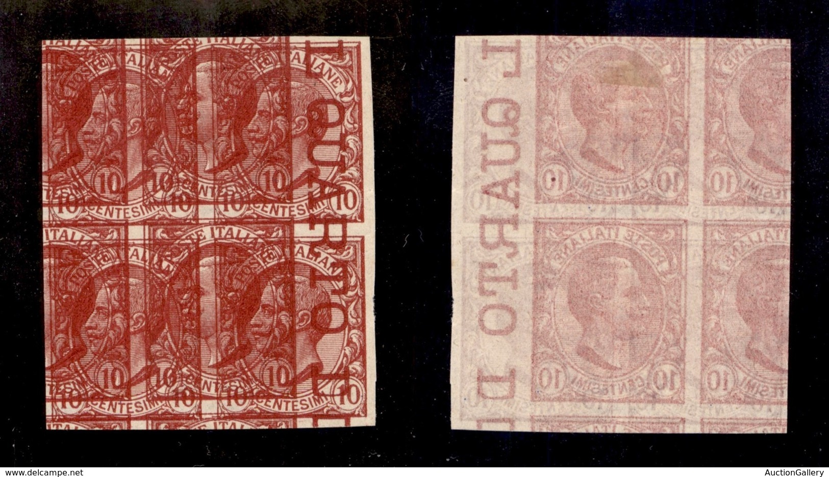 REGNO D'ITALIA - 1906 - 10 Cent Leoni (82b) - Quartina Non Dentellata Bordo Foglio Con Doppia Stampa Spostata E Decalco  - Andere & Zonder Classificatie