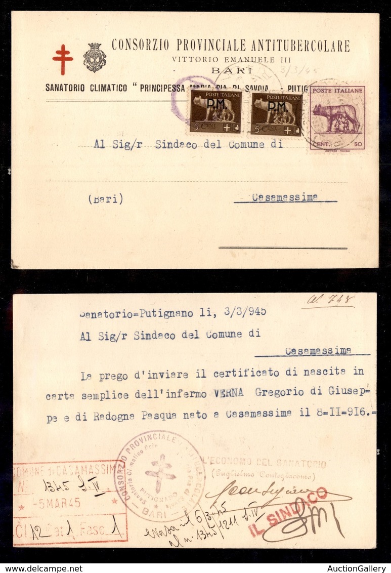 REGNO D'ITALIA - P.M. - Due 5 Cent (1) + 50 Cent Lupa (515A) - Cartolina Da Putigliano Del 3.3.45 - Sonstige & Ohne Zuordnung