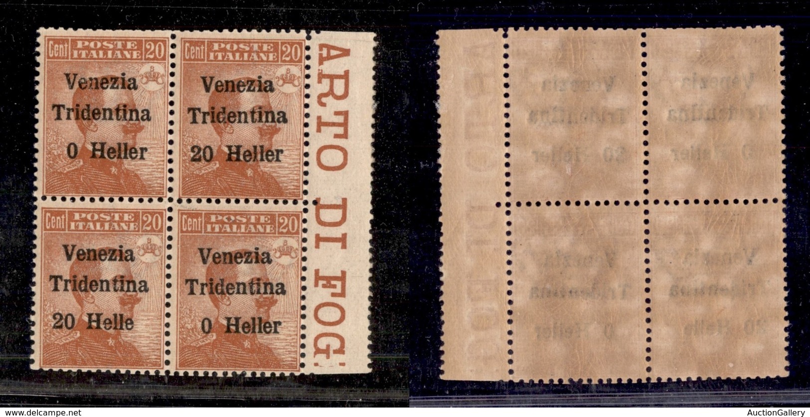 OCCUPAZIONI - TRENTINO - 1918 - 20 Heller Su 20 Cent (30) - Quartina Bordo Foglio Con Tre Errori Di Composizione (30c+30 - Trentino