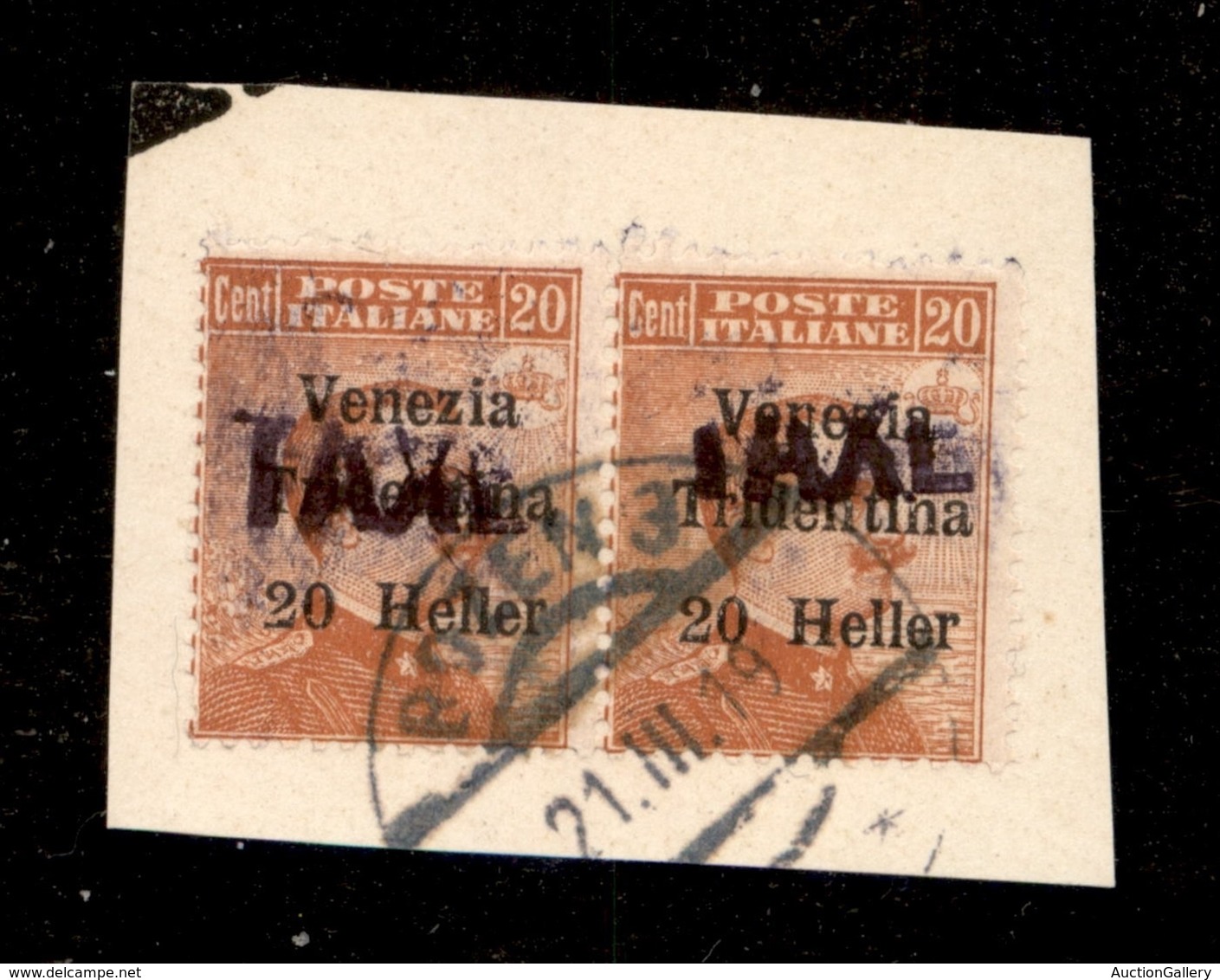 OCCUPAZIONI - BOLZANO 3 - 1918 - Taxe Su 20 Heller (32) - Coppia Orizzontale Usata Su Frammento - Soprastampa Diritta +  - Autres & Non Classés