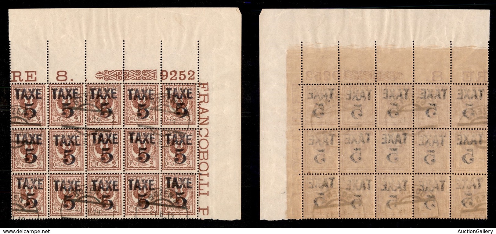 OCCUPAZIONI - BOLZANO 3 - 1918 - Taxe 5 Su 2 Cent (75) - Blocco Angolare Di 15 Usato - Decalco Al Retro + Numero Di Tavo - Andere & Zonder Classificatie