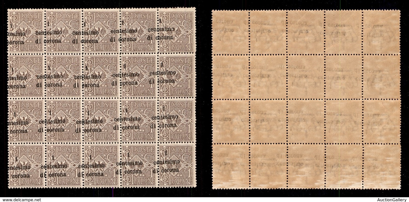 OCCUPAZIONI - TRENTO E TRIESTE - 1919 - 1 Cent Su 1 (1u) - Blocco Di Venti Con Soprastampa Obliqua (parziale Su 4 Pezzi  - Trentino & Triest