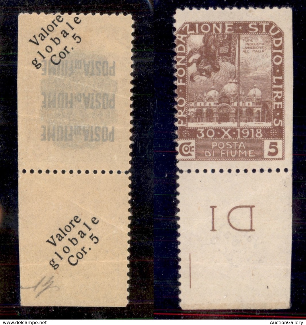 OCCUPAZIONI - FIUME - 1919 - 5 Corone Su 5 (98-varietà D) Bordo Foglio - Soprastampe Oblique Al Retro E Sul Bordo - Gomm - Fiume