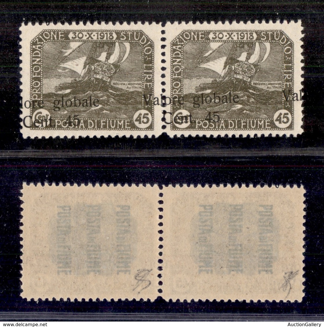 OCCUPAZIONI - FIUME - 1920 - 45 Cent Su 45 (104i) - Coppia Orizzontale Con Soprastampe Oblique - Gomma Integra (540+) - Fiume