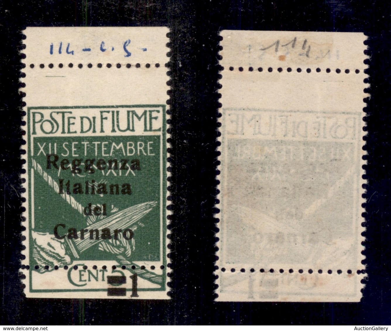 OCCUPAZIONI - FIUME - 1920 - 1 Cent Su 5 (131) Bordo Foglio - Senza Valore Con Dentellatura Orizzontale Spostata In Alto - Fiume