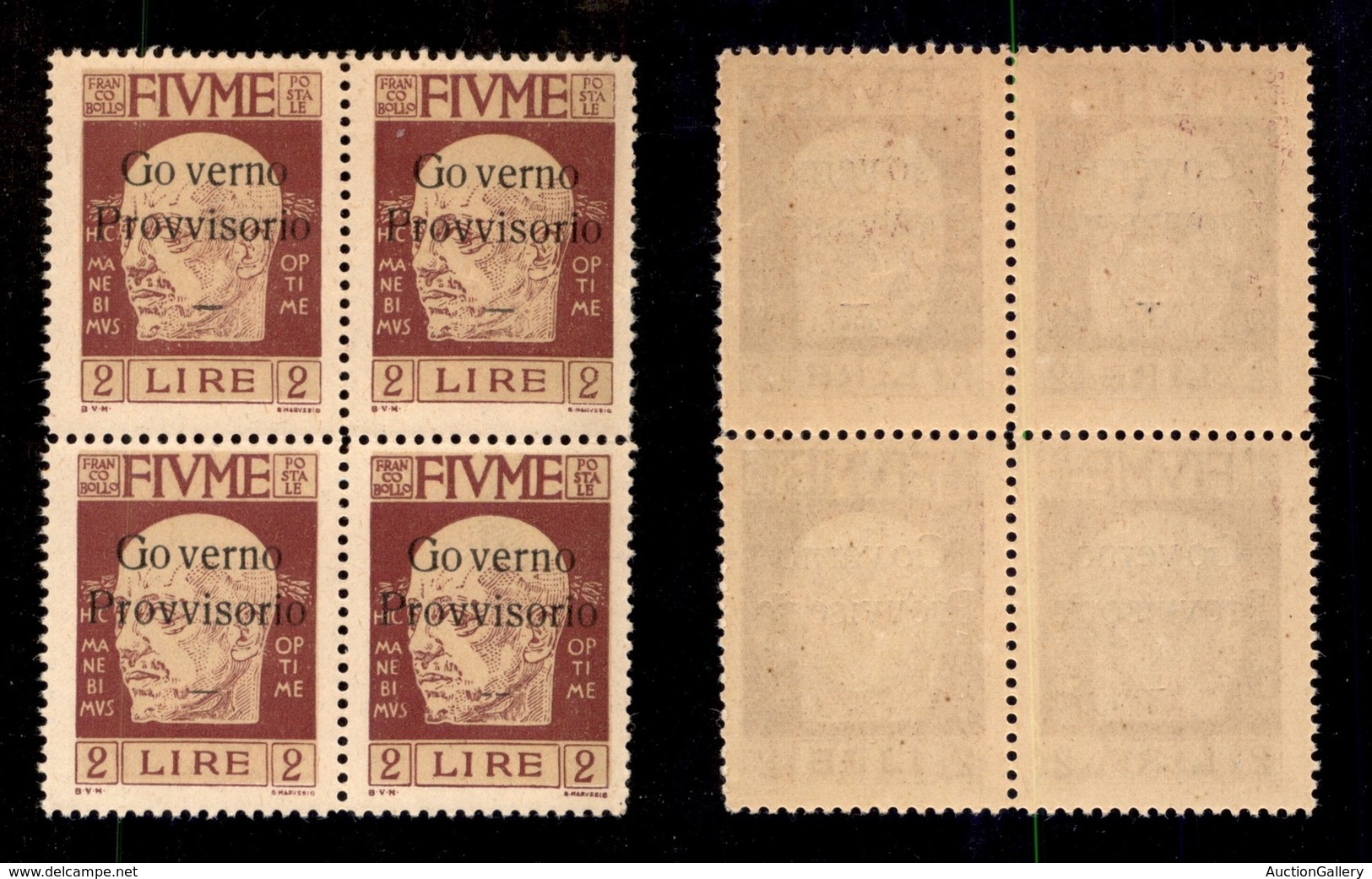 OCCUPAZIONI - FIUME - 1921 - Governo Provvisorio - 2 Lire Rosso Solferino (160a) In Quartina - Gomma Integra - Non Quota - Fiume