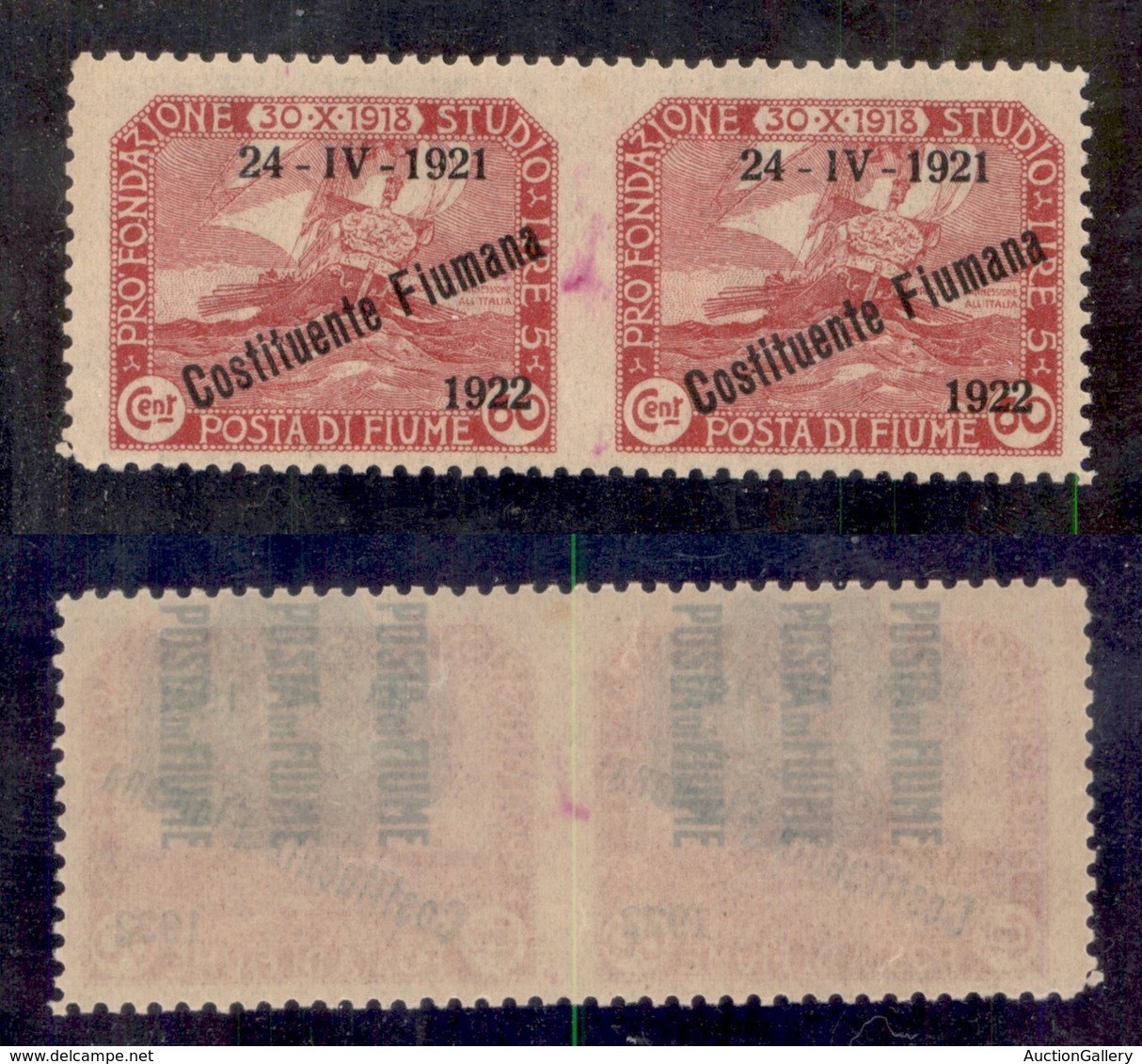 OCCUPAZIONI - FIUME - 1922 - 60 Cent Costituente (184t) - Coppia Non Dentellata Al Centro - Gomma Integra (570) - Fiume