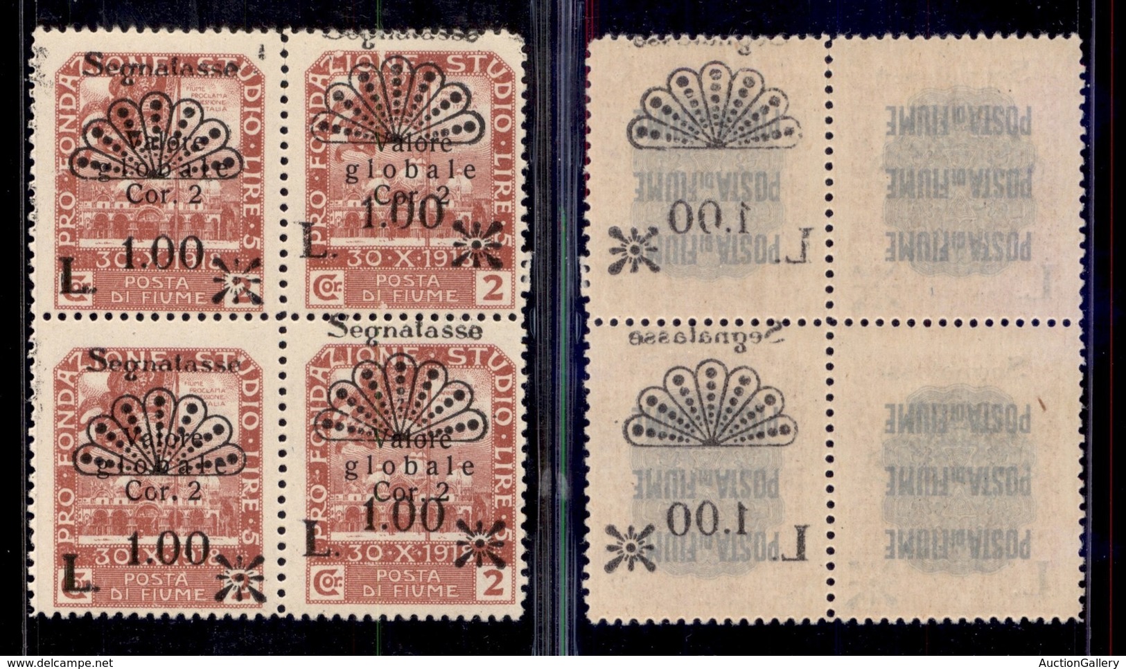 OCCUPAZIONI - FIUME - 1921 - Segnatasse - 1 Lira Su 2 Corone (24) - Quartine Con Varietà Nella Coppia Di Destra (24mb+24 - Fiume