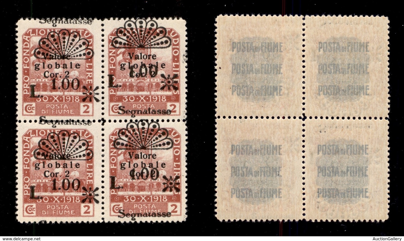 OCCUPAZIONI - FIUME - 1921 - Segnatasse - 1 Lira Su 2 Corone (35n/naa+35o) - Quartina Con Soprastampe Disallineate - Gom - Fiume