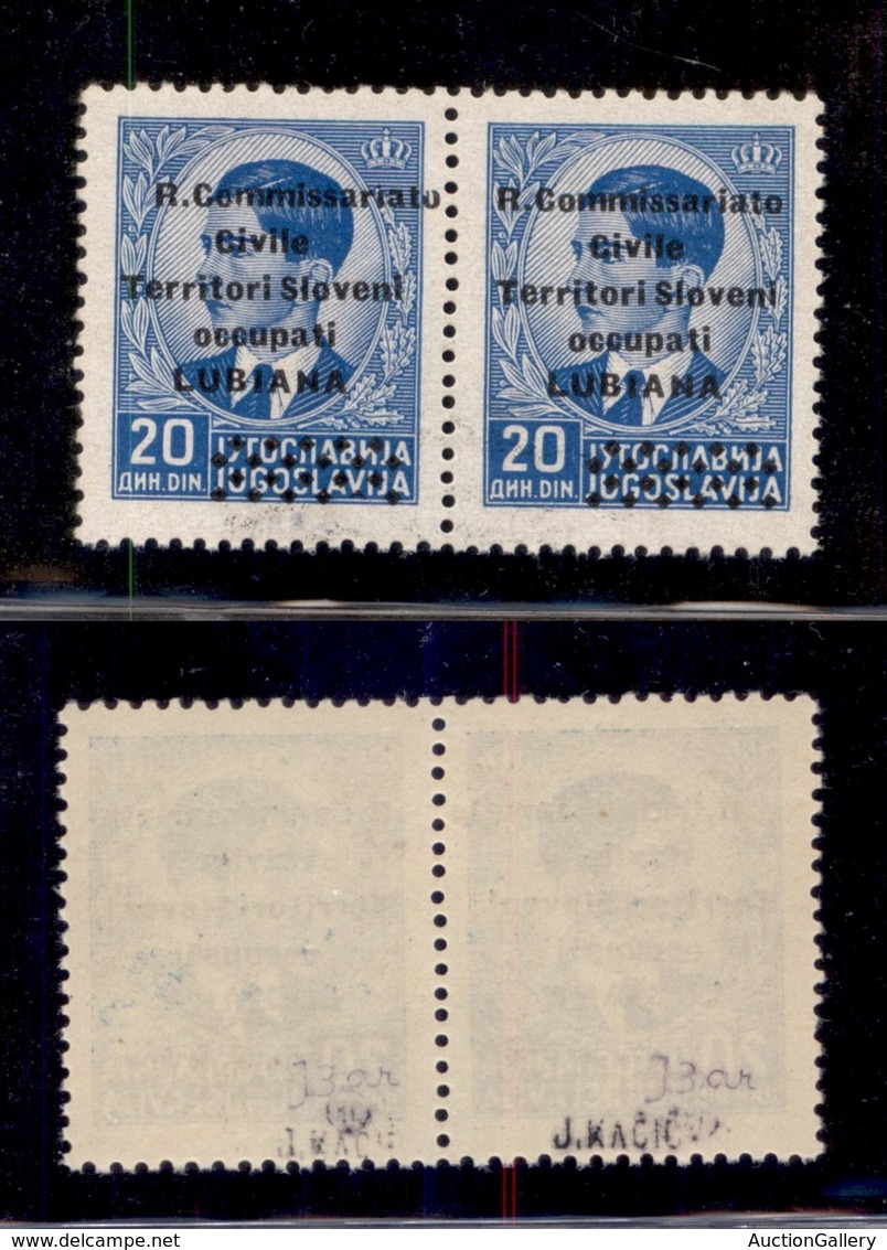 OCCUPAZIONI - LUBIANA - 1941 - 20 Din (32s+32) - Coppia Orizzontale Con Varietà A Sinistra - Gomma Integra (725+) - Lubiana