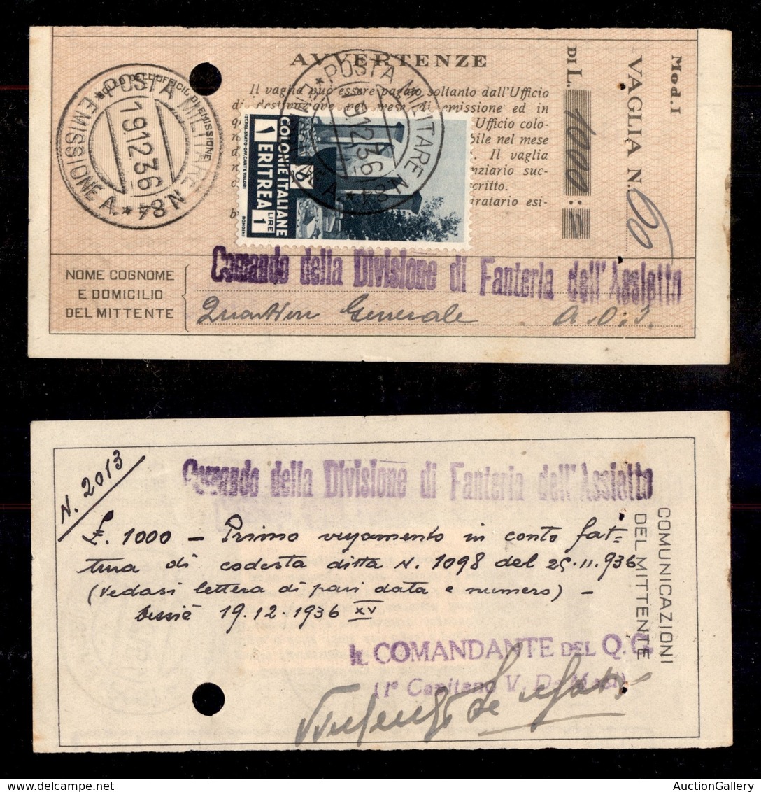 COLONIE - ERITREA - Posta Militare N.84 Emissione A - 1 Lira (209) Su Ricevuta Vaglia Del 19.12.36 - Autres & Non Classés