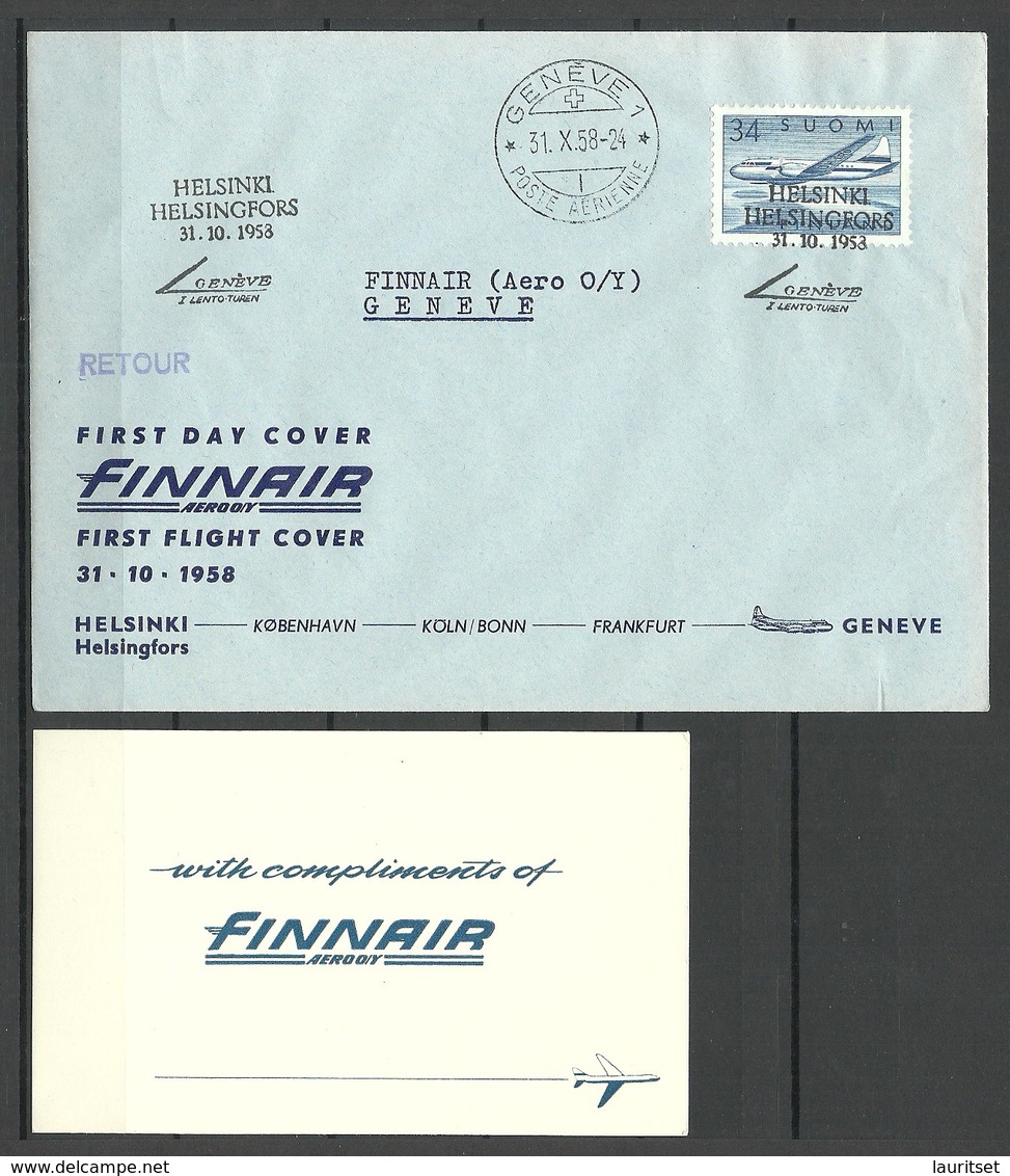 FINLAND 31.10.1958 First Flight Cover To GENEVE Genf Switzerland With Special Card - Lettres & Documents