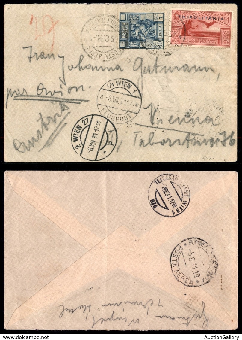 COLONIE - TRIPOLITANIA - 1 Lira Virgilio (5-Aerea) + 60 Cent Sibilla (42) - Busta Da Tripoli A Vienna Del 5.8.31 - Sonstige & Ohne Zuordnung