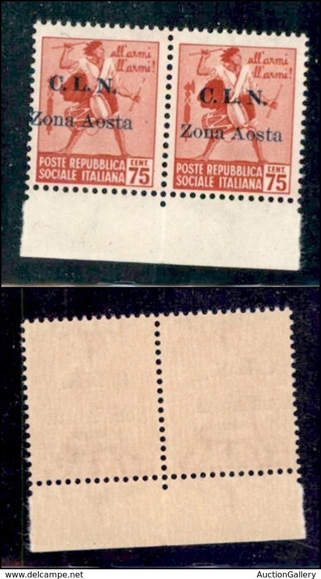 LOCALI - AOSTA - 1944 - 75 Cent (3) - Coppia Bordo Foglio - Soprastampa Spostata A Sinistra + Normale - Gomma Integra -  - Autres & Non Classés