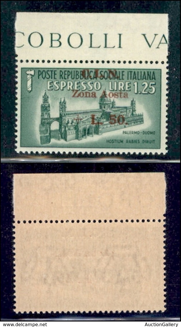 LOCALI - AOSTA - 1944 - 1,25 Lire Espresso (8) Bordo Foglio - Soprastampa In Albino Speculare Sul Bordo - Gomma Integra  - Autres & Non Classés