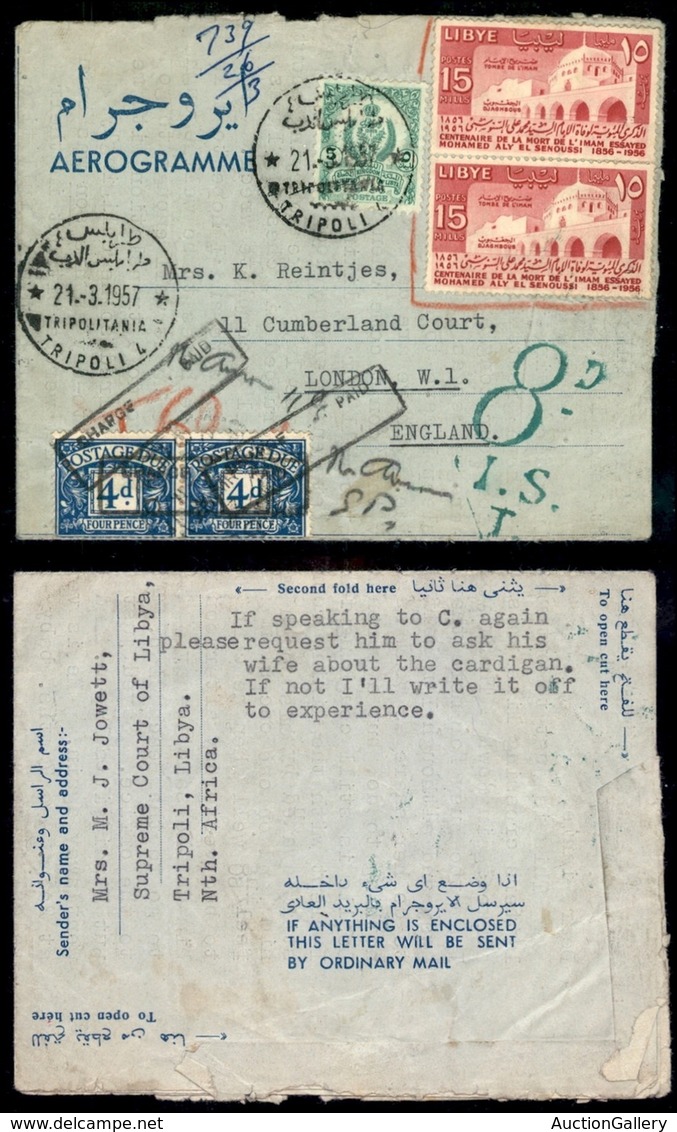 OLTREMARE - LIBIA INDIPENDENTE - 5 Mills (56) + Coppia Del 15 Mills (70) - Aerogramma Da Tripoli A Londra Del 21.3.57 -  - Autres & Non Classés