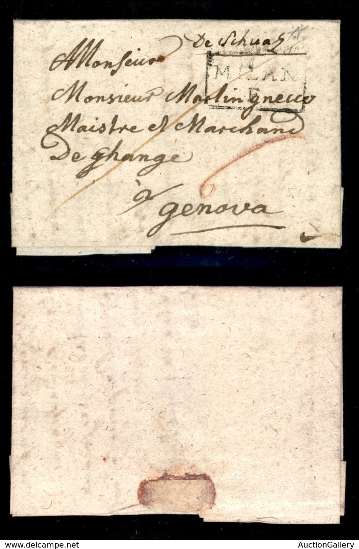 PREFILATELICHE - DOCUMENTI - VARIE - 1781 (20 Gennaio) - De Schwaz (a Penna) - Lettera Per Genova Via Milano - Tassata - - Autres & Non Classés