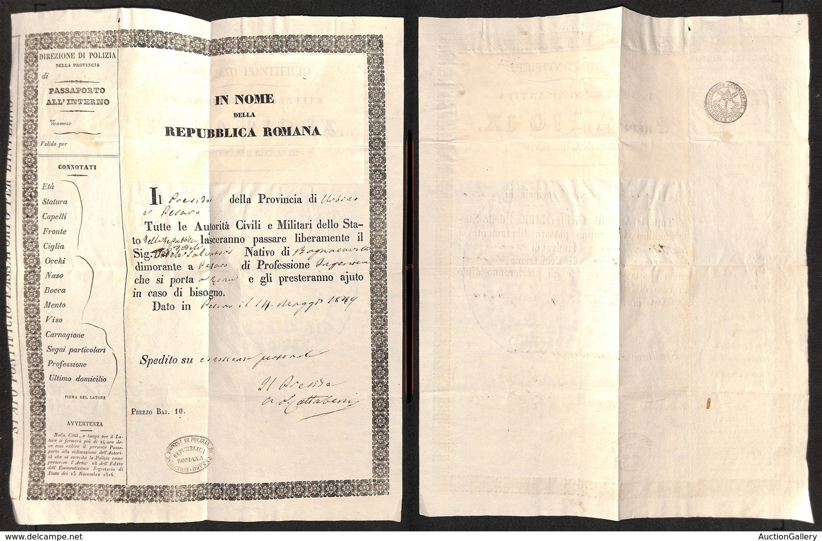PREFILATELICHE - DOCUMENTI - VARIE - Repubblica Romana - Pesaro 14 Maggio 1849 - Passaporto All’Interno - Autres & Non Classés