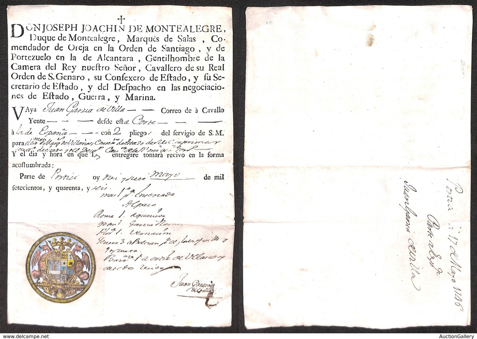 PREFILATELICHE - DOCUMENTI - VARIE - 1746 - Servizio Di S.M. - Passaporto Da Portici Per La Spagna Via Roma Firenze Geno - Autres & Non Classés