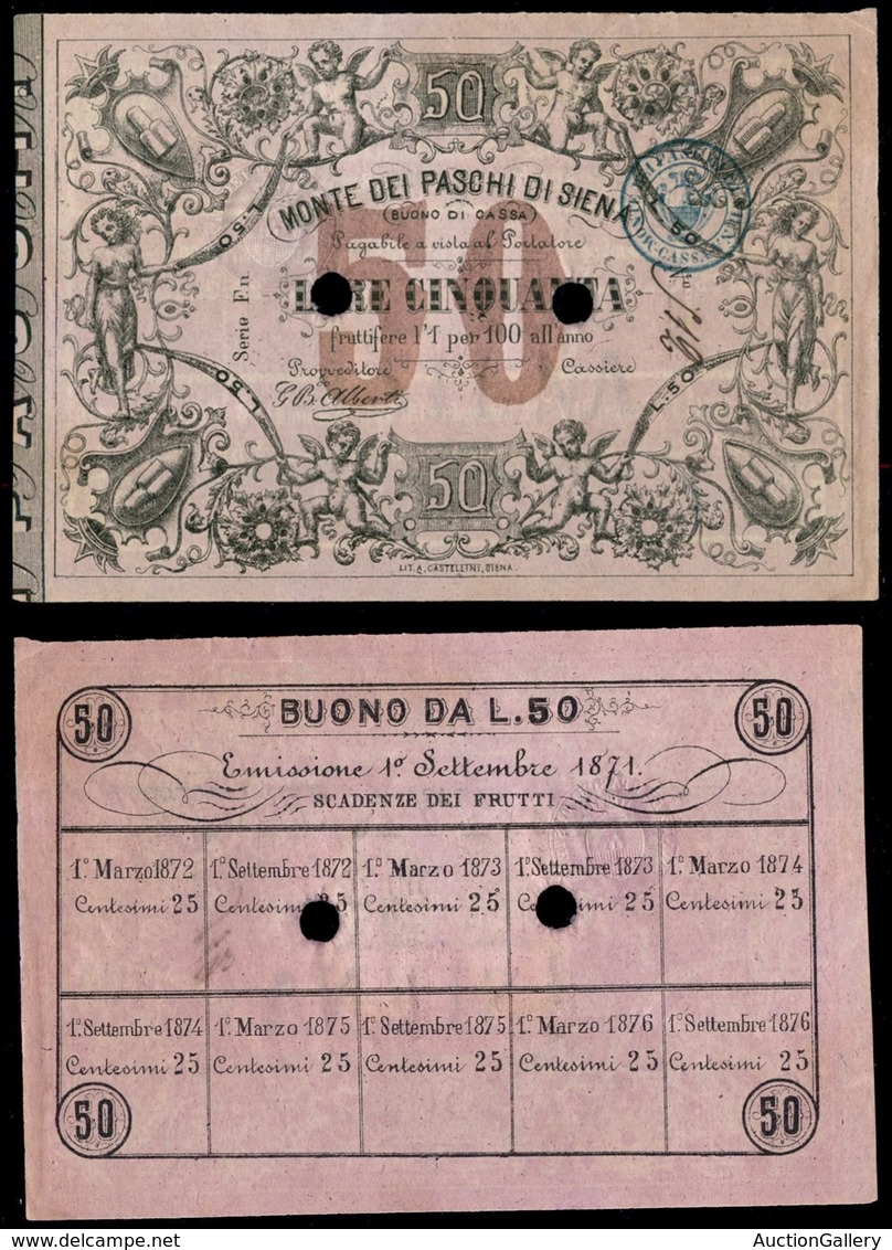 CARTAMONETA - BANCONOTE - 1871 (1 Settembre) - 50 Lire - Monte Dei Paschi Di Siena - Buono Di Cassa - Autres & Non Classés