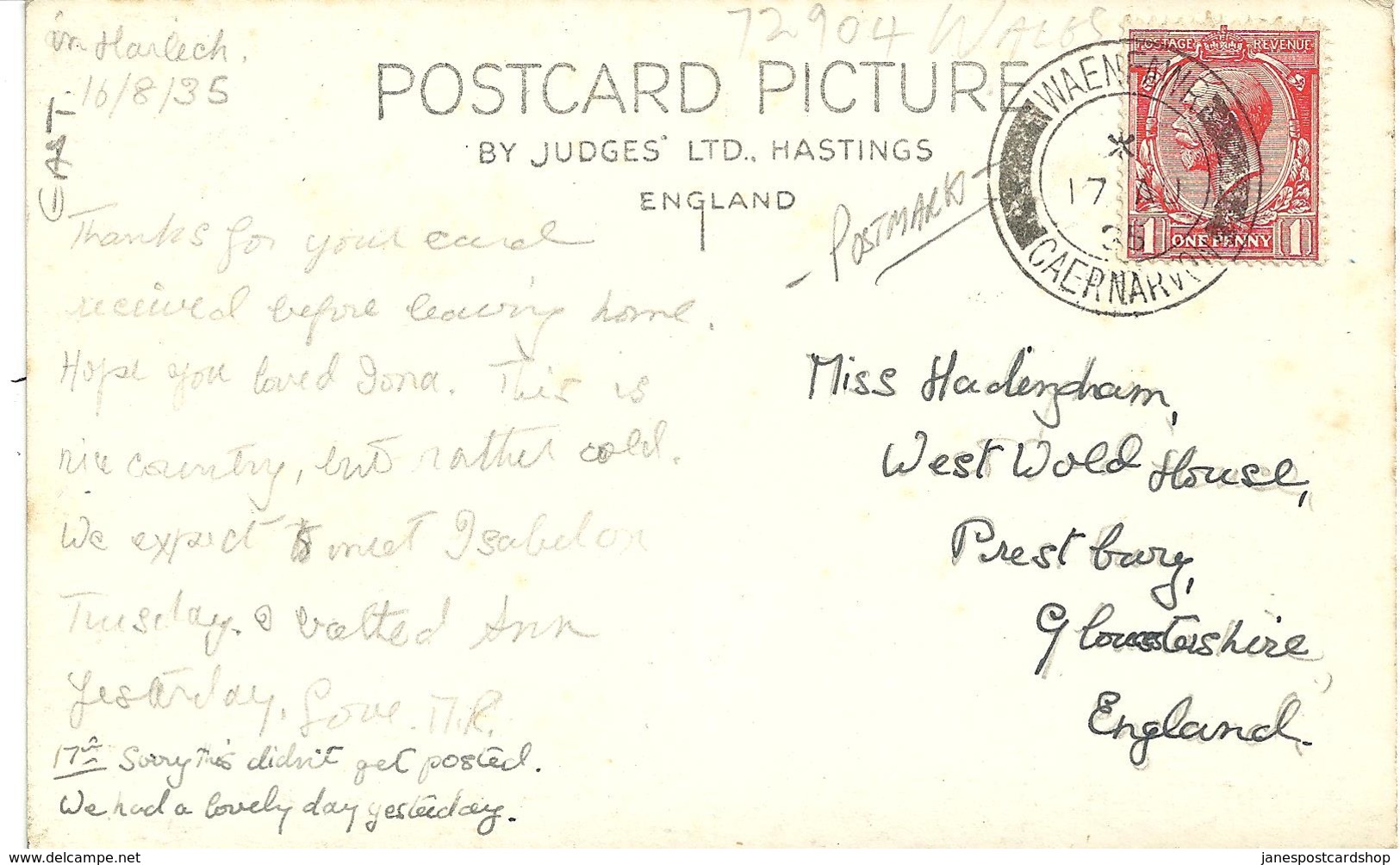 REAL PHOTOGRAPHIC POSTCARD HARLECH CASTLE BY JUDGES WITH GOOD WAENFAWR CAERNARVON POSTMARK - Caernarvonshire