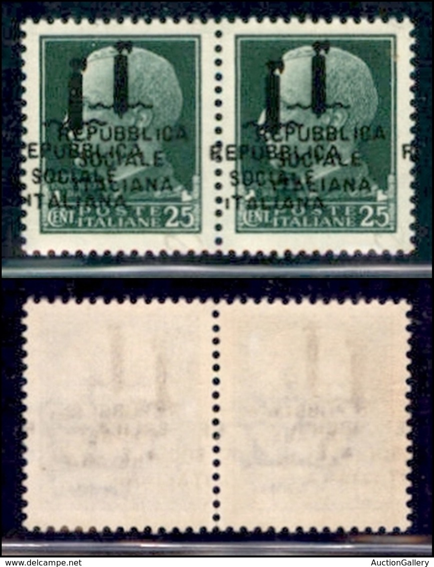 REPUBBLICA SOCIALE - PROVVISORI - 1944 - 25 Cent (491b) - Coppia Orizzontale Con Doppia Soprastampa (una A Cavallo) - Go - Autres & Non Classés