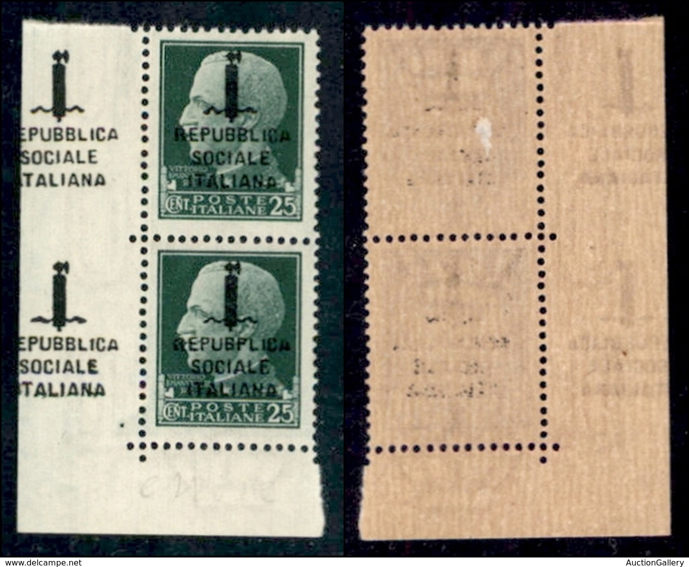 REPUBBLICA SOCIALE - PROVVISORI - 1944 - Roma - 25 Cent (491) - Coppia Angolare (pos. 81/92) Con Soprastampa Ripetuta Su - Andere & Zonder Classificatie