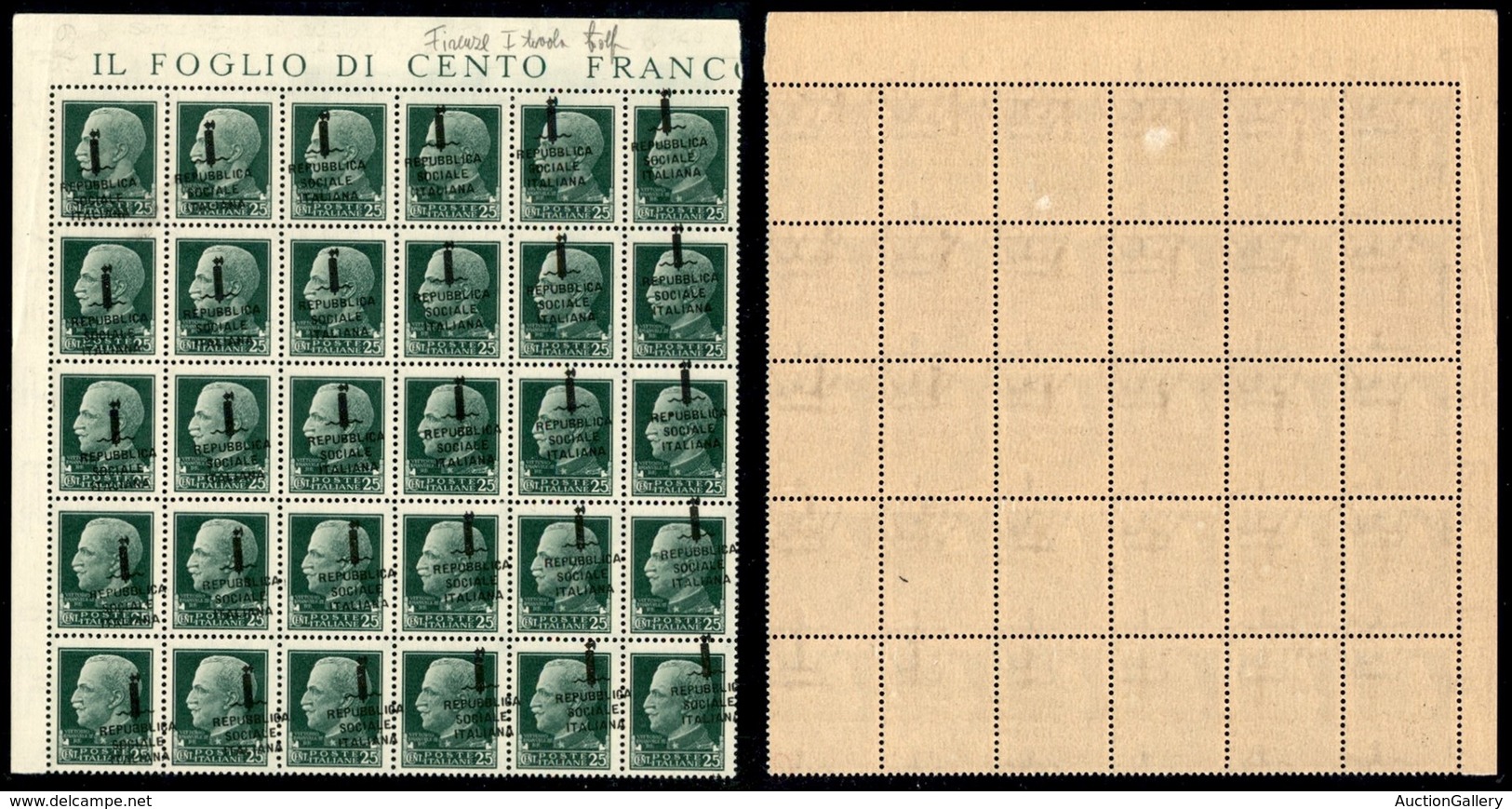 REPUBBLICA SOCIALE - PROVVISORI - 1944 - Firenze - 25 Cent (491h) - Blocco Angolare Di 30 (pos. 1/46) Con Le Caratterist - Sonstige & Ohne Zuordnung