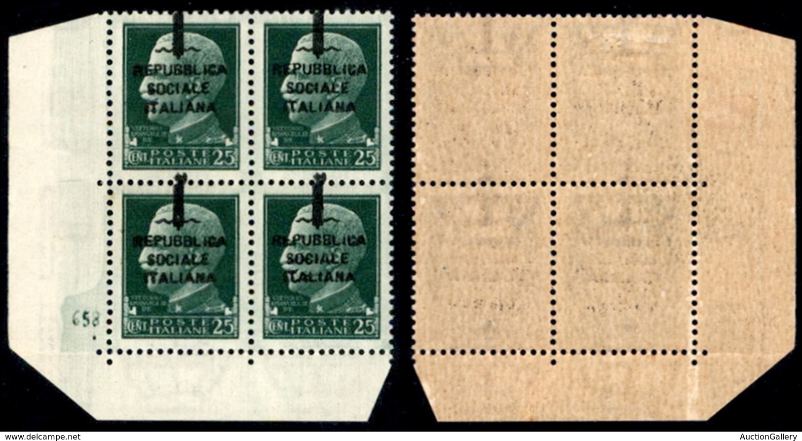 REPUBBLICA SOCIALE - PROVVISORI - 1944 - Firenze - 25 Cent (491pm) Con Soprastampe A Cavallo - Quartina Angolare (pos. 8 - Sonstige & Ohne Zuordnung