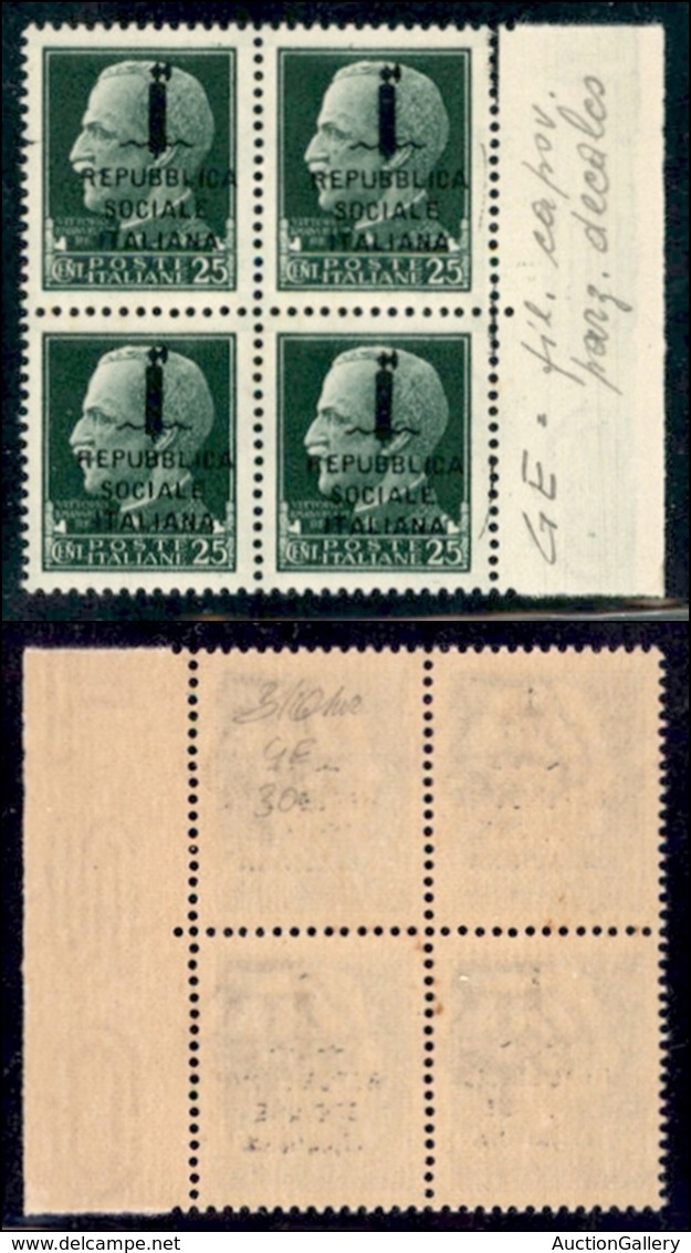 REPUBBLICA SOCIALE - PROVVISORI - 1944 - Genova - 25 Cent (491) In Quartina Bordo Foglio (pos. 29/40) Con Filigrana Capo - Sonstige & Ohne Zuordnung