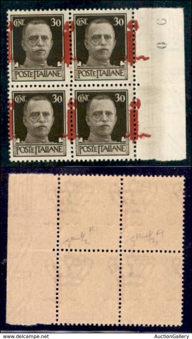 REPUBBLICA SOCIALE - PROVVISORI - 1944 - Firenze - 30 Cent (492/IIpm) - Quartina Bordo Foglio (pos. 59/70) Con Fascio Su - Sonstige & Ohne Zuordnung