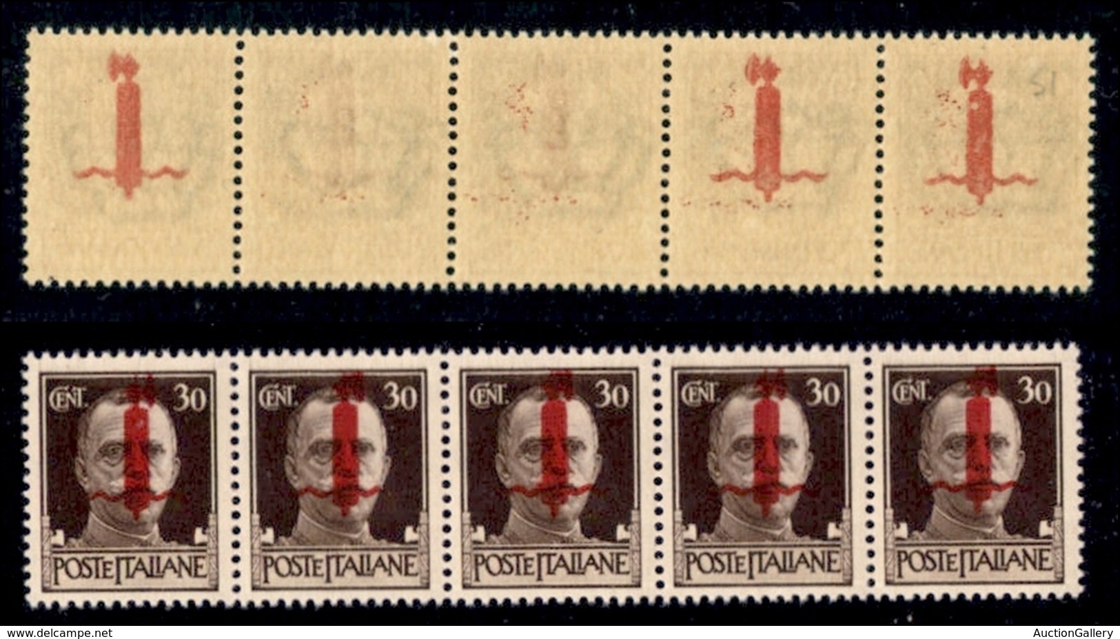 REPUBBLICA SOCIALE - PROVVISORI - 1944 - Firenze - 30 Cent (492/IIs + 492/II) - Striscia Di Cinque (pos. 51/55) Con Tre  - Sonstige & Ohne Zuordnung