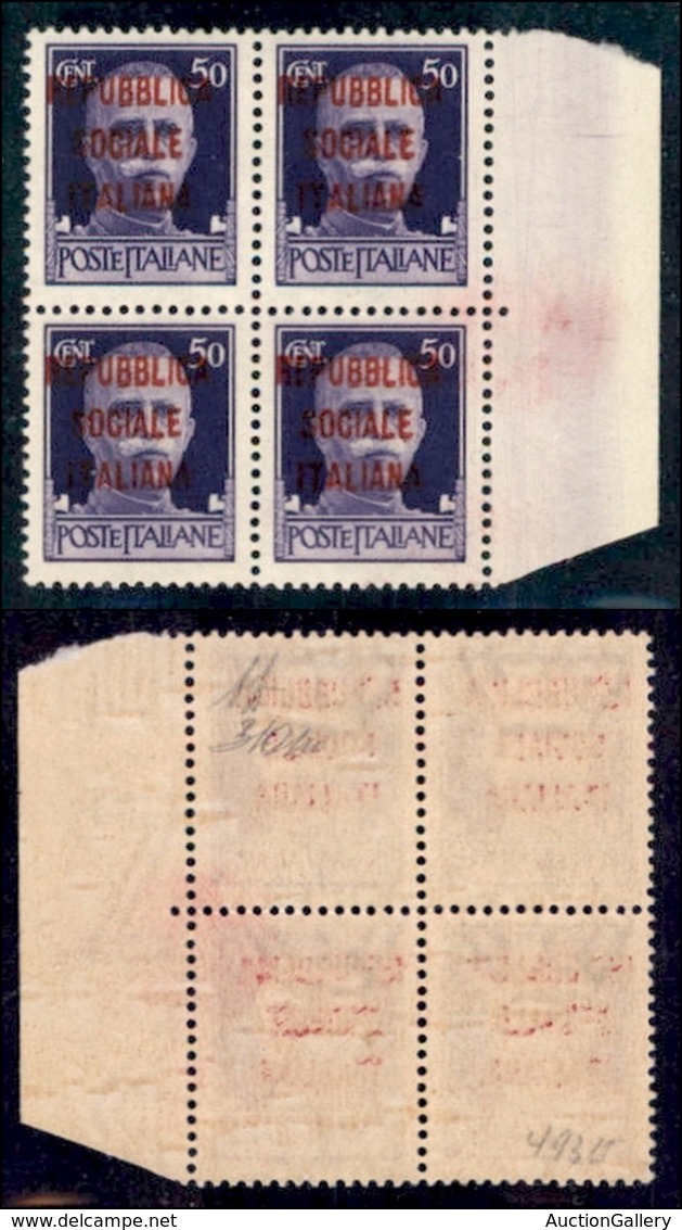 REPUBBLICA SOCIALE - PROVVISORI - 1944 - Firenze - Soprastampa Carminio Lilla - 50 Cent (493/I) - Quartina Bordo Foglio  - Andere & Zonder Classificatie