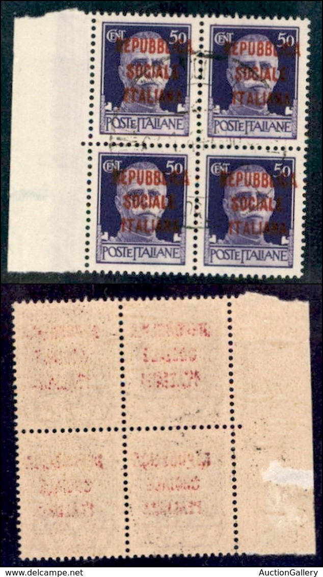 REPUBBLICA SOCIALE - PROVVISORI - 1944 - Firenze - Soprastampa Carminio Lilla - 50 Cent (493/I) - Quartina Usata - Andere & Zonder Classificatie