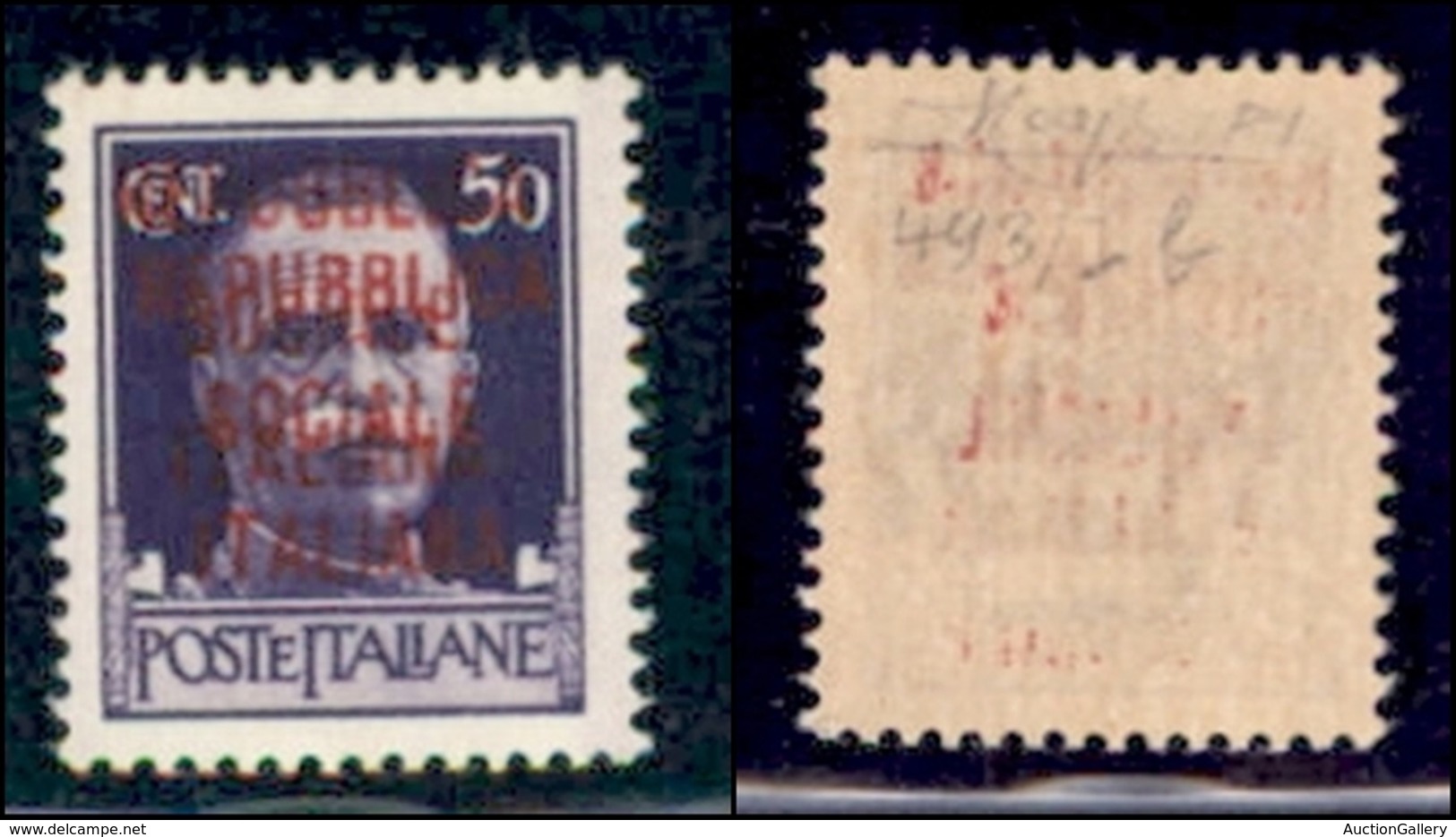 REPUBBLICA SOCIALE - PROVVISORI - 1944 - Firenze - Soprastampa Carminio Lilla - 50 Cent (493/Ib) Con Doppia Soprastampa  - Andere & Zonder Classificatie