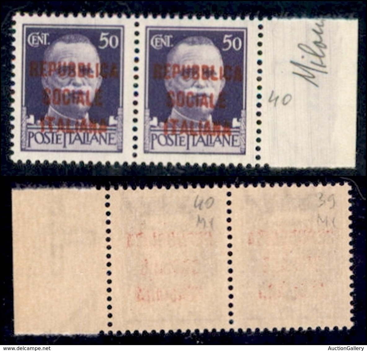 REPUBBLICA SOCIALE - PROVVISORI - 1944 - Milano - 50 Cent (493) - Coppia Bordo Foglio (pos. 39/40) Con Le Caratteristich - Andere & Zonder Classificatie