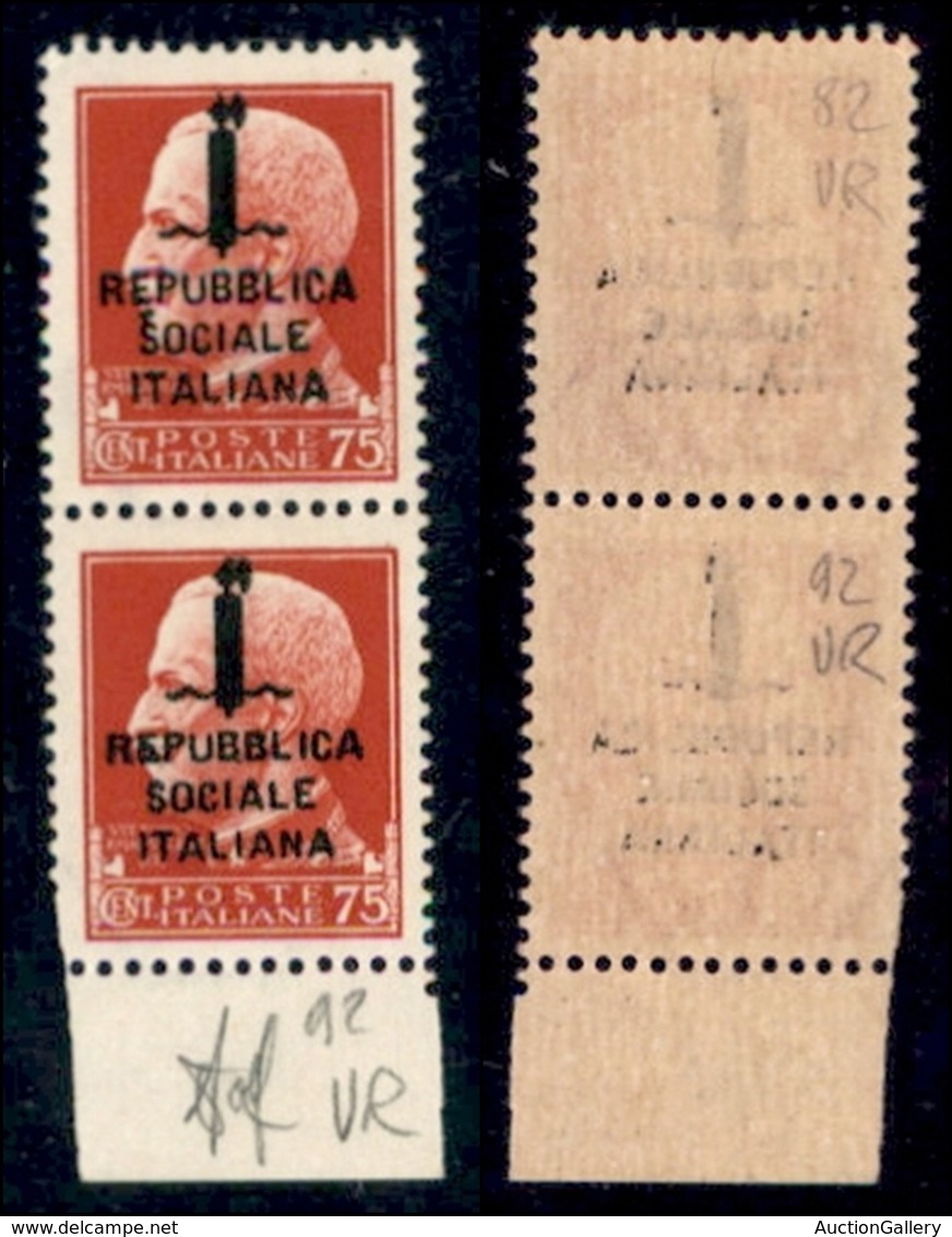 REPUBBLICA SOCIALE - PROVVISORI - 1944 - Verona - 75 Cent (494) - Coppia Bordo Foglio (pos. 82/92) - Gomma Integra - Wol - Andere & Zonder Classificatie